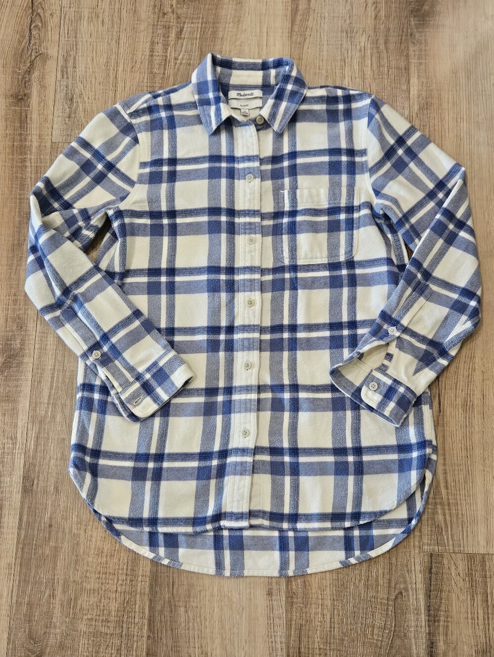 Madewell Classic Flannel Shirt Womens XS Blue White Plaid 100% Cotton Button Up
